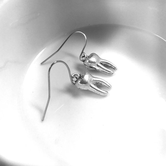 Miniature Tooth Molar Dental Dentist Teeth Gift Charm Earrings - Picture 4 of 5